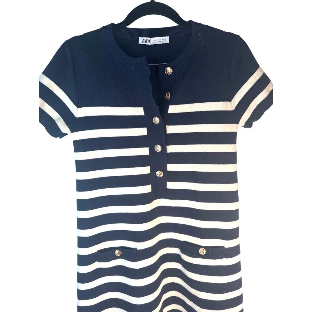 ZARA Navy & White Small Striped Short Sleeve Button Front Shift Dress - Picture 12 of 14